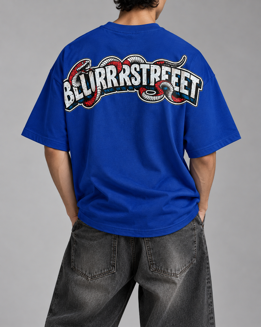 BLURR STREET royal blue Venom Strike oversized tee studio campaign
