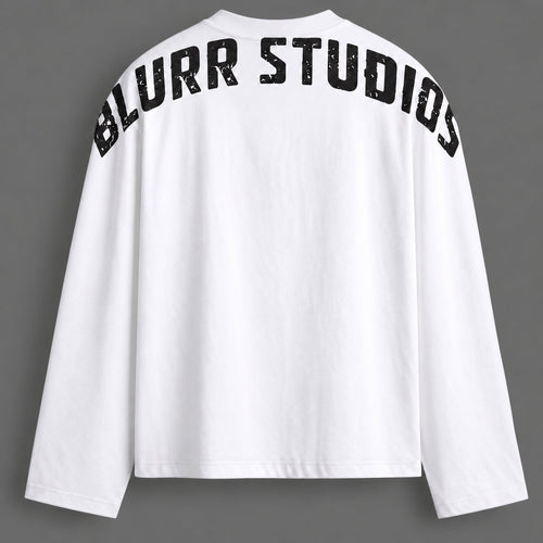 BLURR STUDIOS White Full Sleeve Boxy Fit T-Shirt — tonal studio backdrop