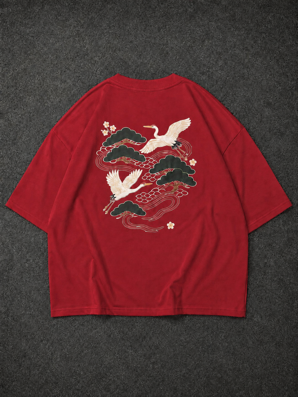 Crane Dynasty Red Oversized Graphic T-Shirt