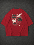 Crane Dynasty Red Oversized Graphic T-Shirt