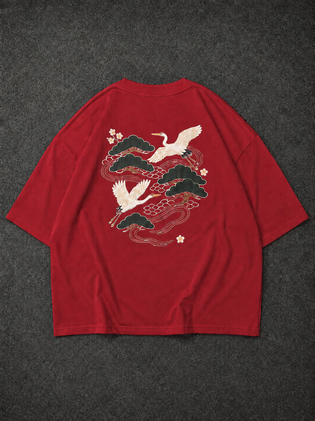 Crane Dynasty Red Oversized Graphic T-Shirt
