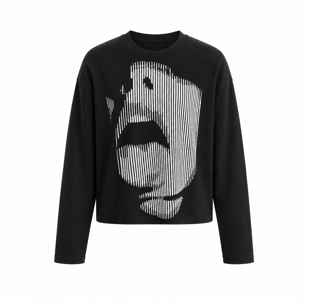 Shadow Face Waffle Cropped T-Shirt – Black Oversized Unisex