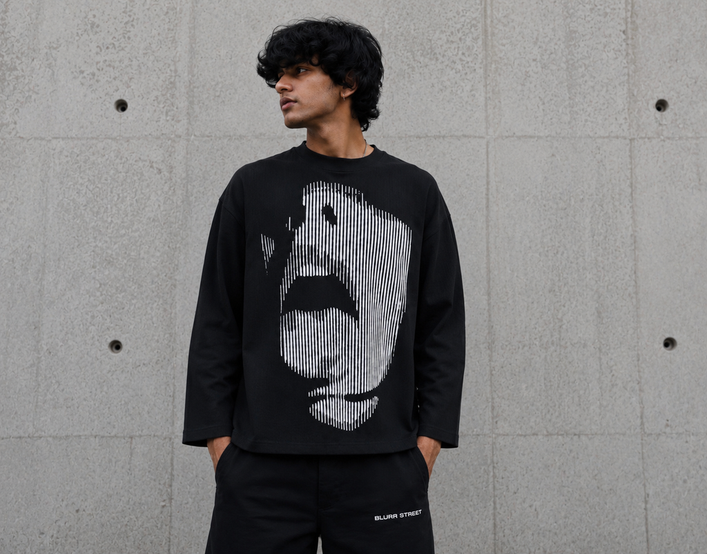 Shadow Face Waffle Cropped T-Shirt – Black Oversized Unisex