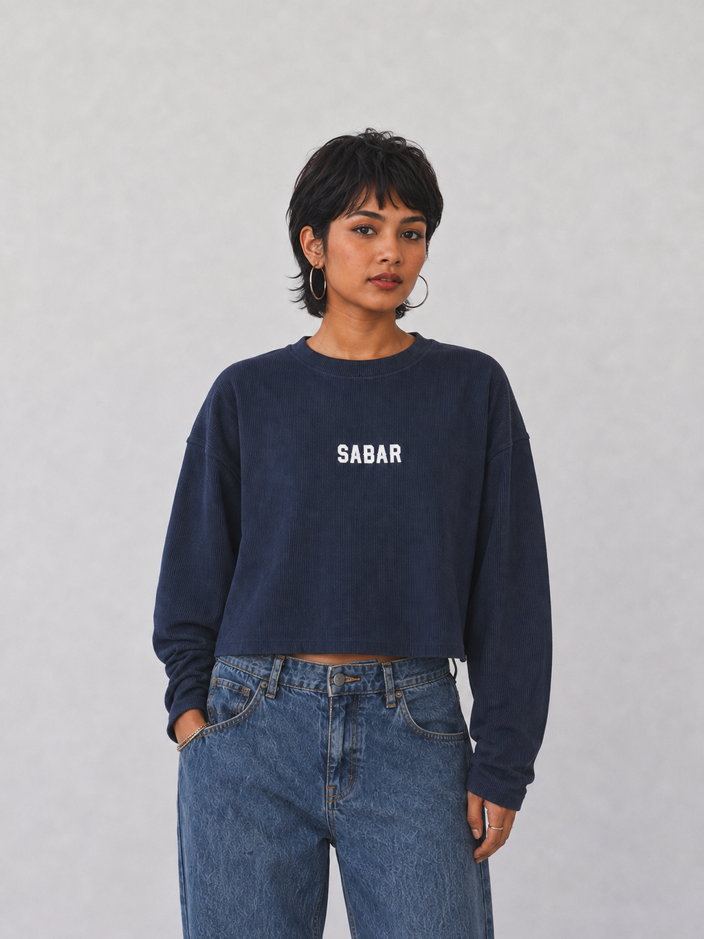 SABAR Navy Cropped Waffle T-Shirt for Women