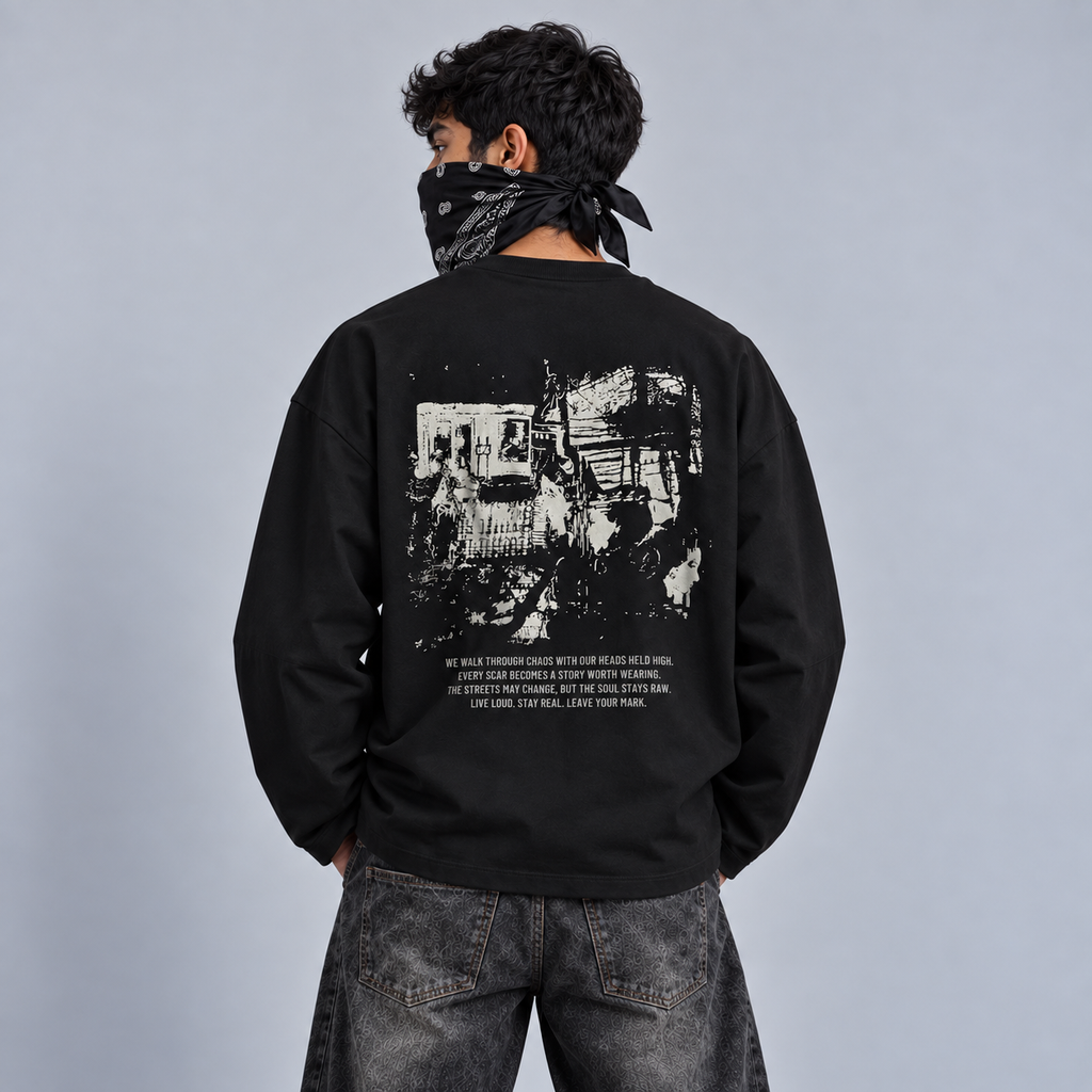 BLURR STREET Chaos Black Full Sleeve Boxy Fit T-Shirt