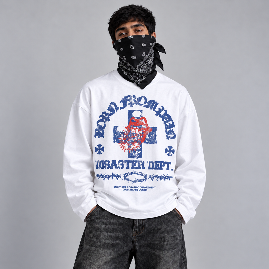 White Blue & Red Graphic Full Sleeve Boxy Fit T-Shirt