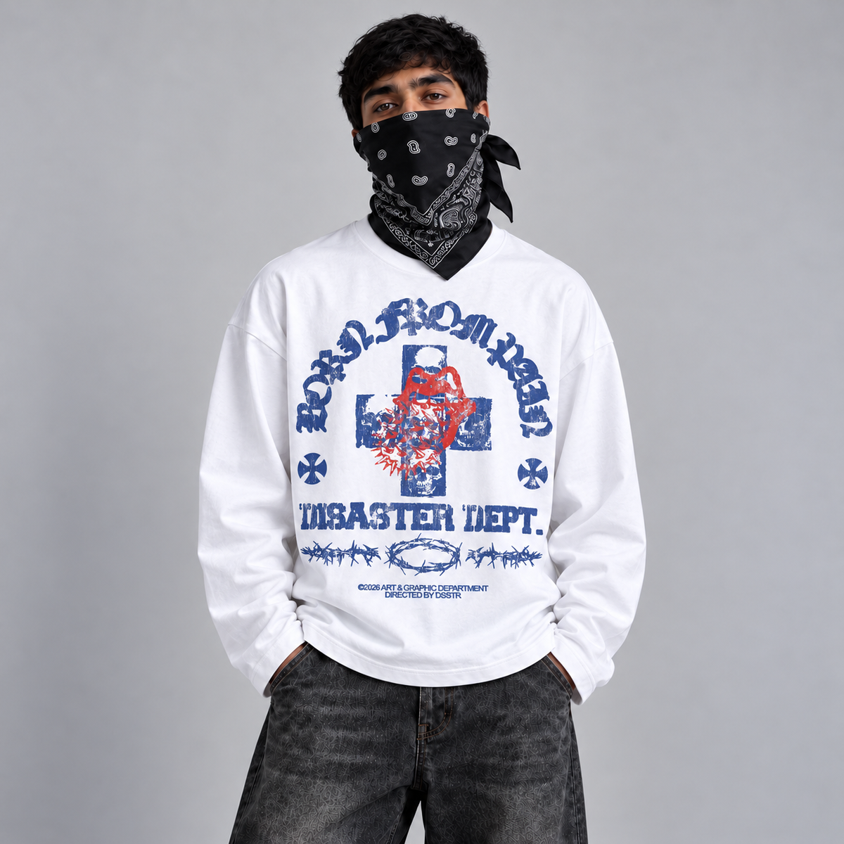 White Blue & Red Graphic Full Sleeve Boxy Fit T-Shirt