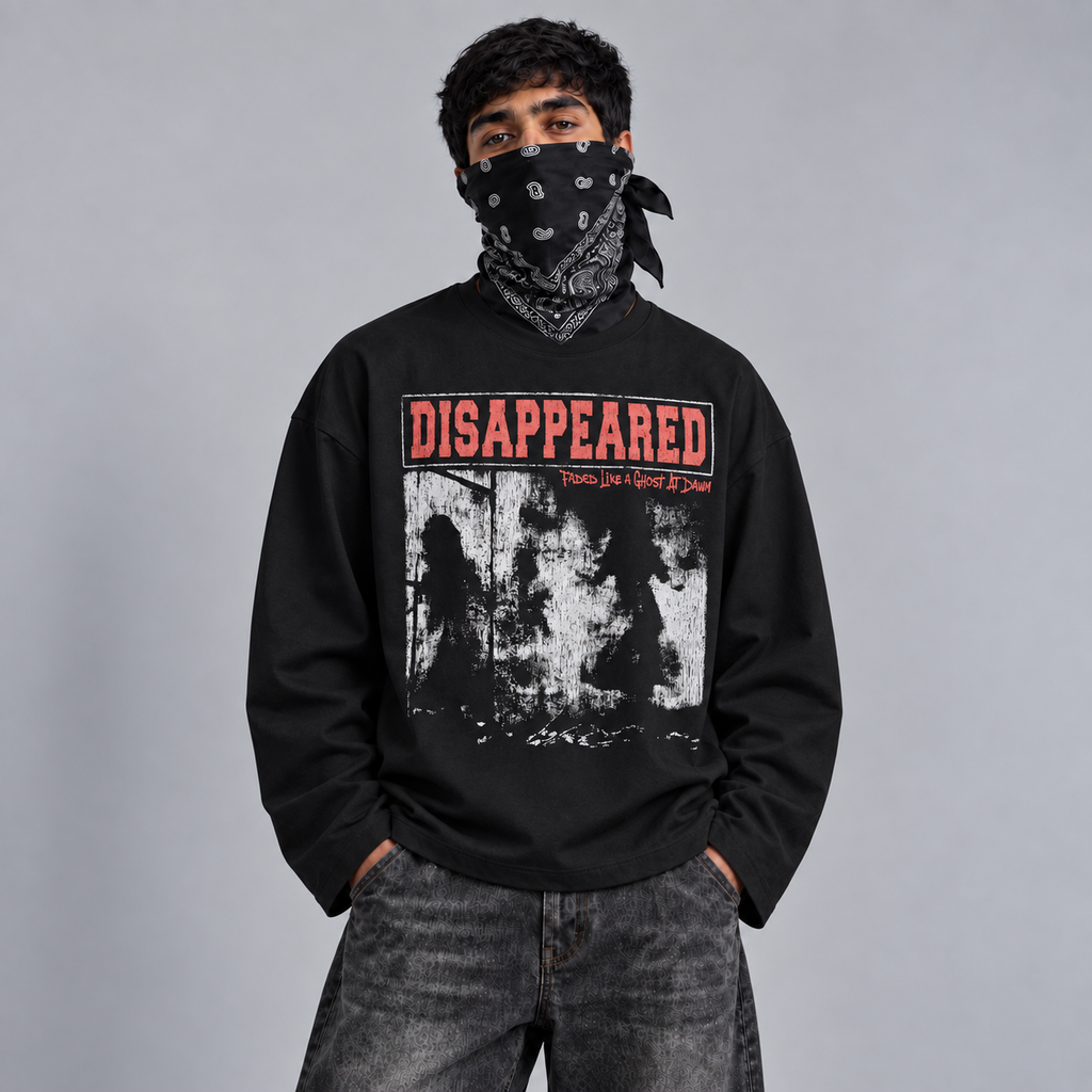Disappeared Black Full Sleeve Boxy Fit T-Shirt