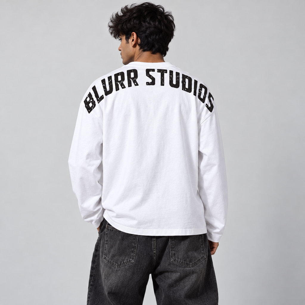 BLURR STUDIOS White Full Sleeve Boxy Fit T-Shirt