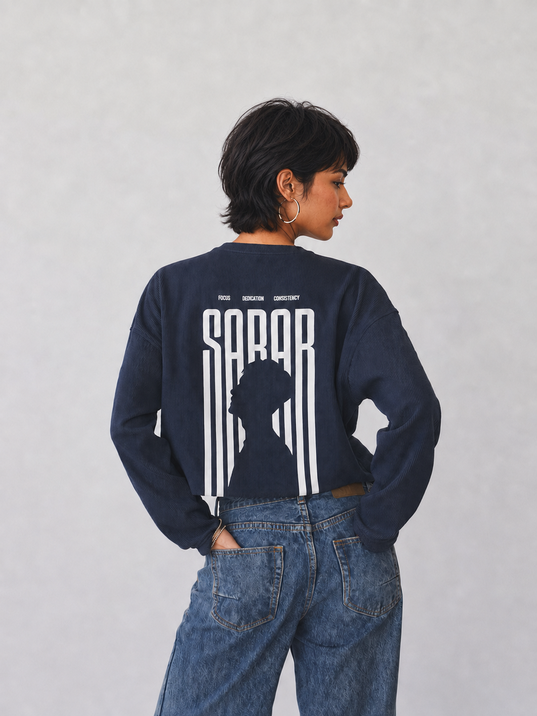 SABAR Navy Cropped Waffle T-Shirt for Women