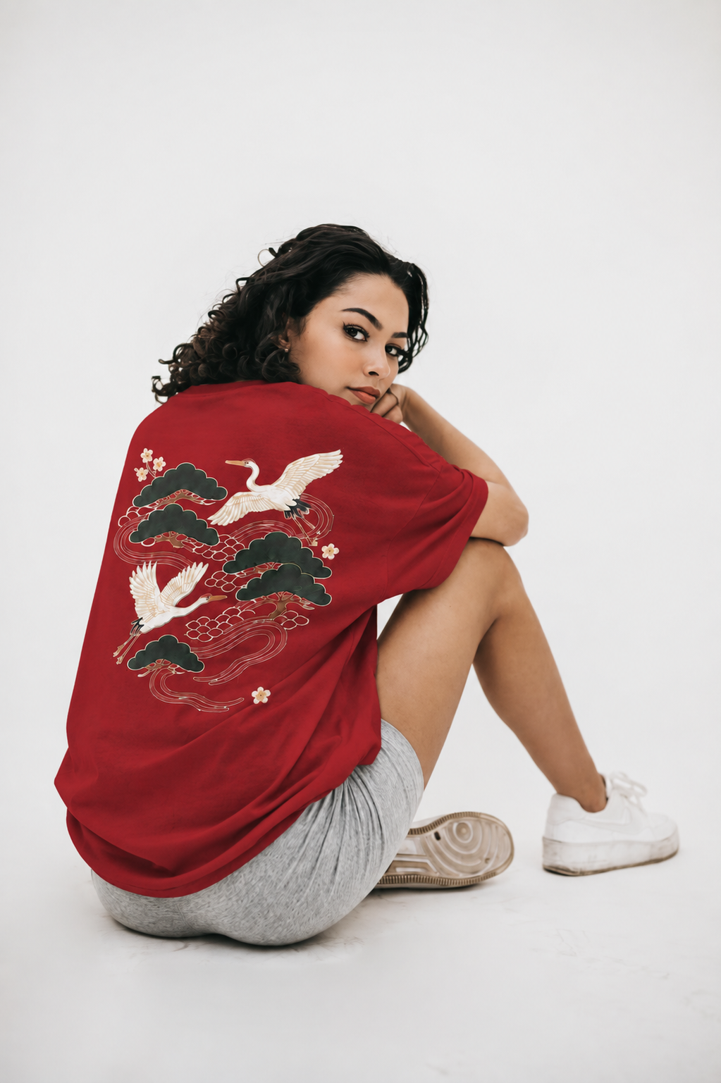 Crane Dynasty Red Oversized Graphic T-Shirt