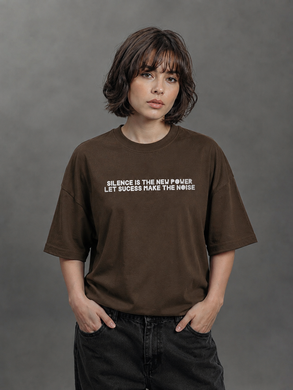 Silent Power Brown Oversized Graphic T-Shirt