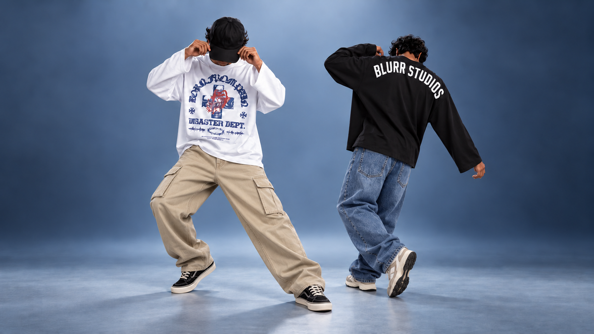 BLURR STREET studio campaign: beige cargo and blue baggy denim outfits with different sneakers