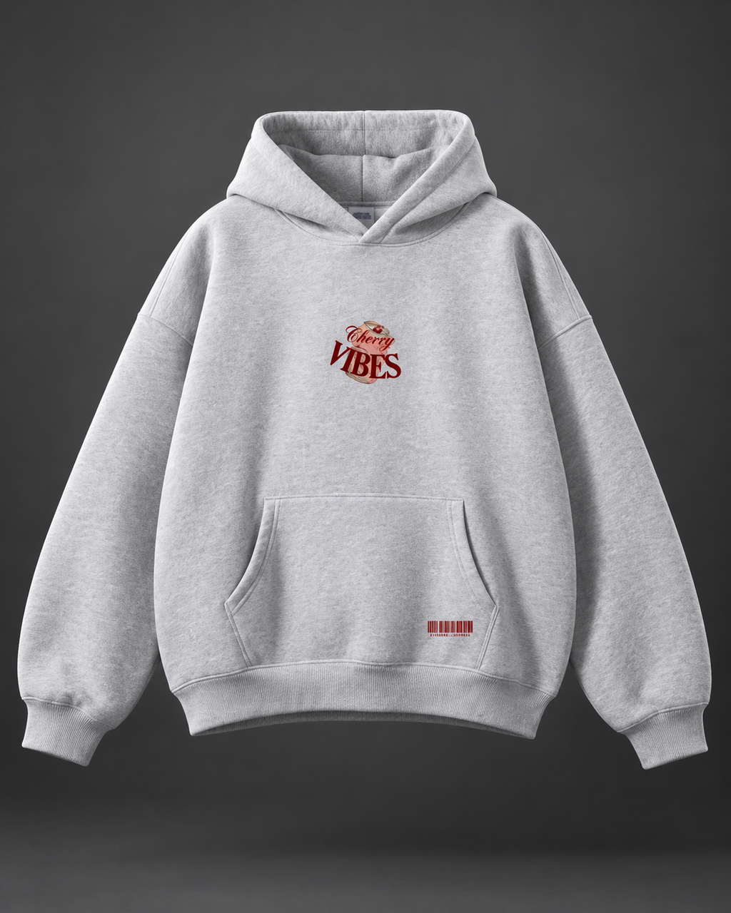 Cherry Vibes grey oversized hoodie — front full on charcoal studio background