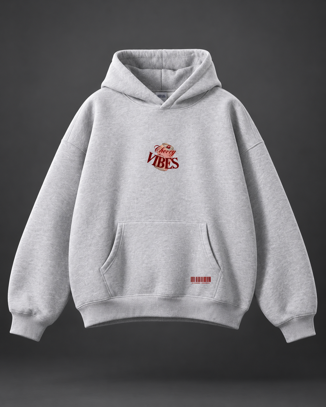 Cherry Vibes grey oversized hoodie — front full on charcoal studio background