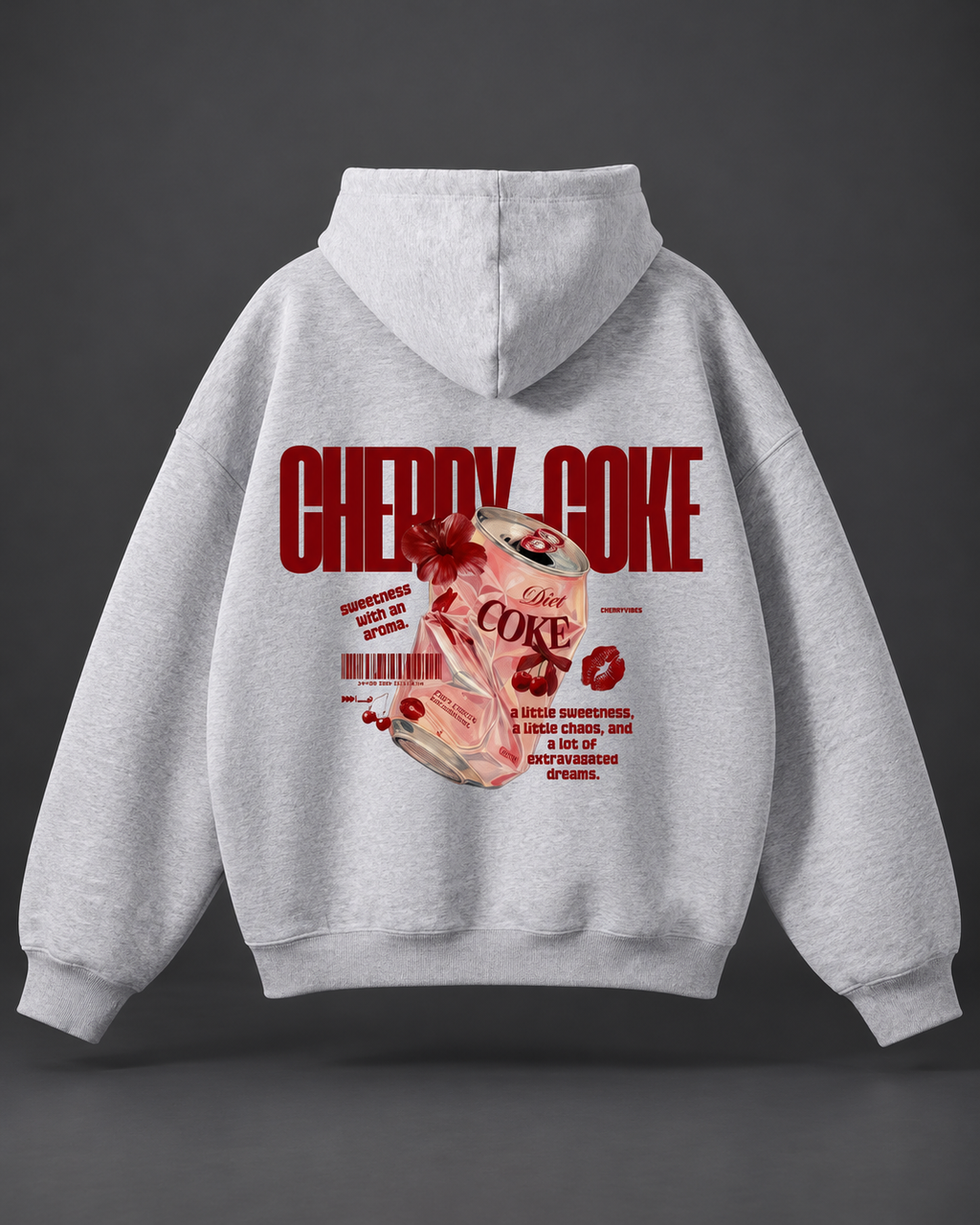 Cherry Vibes grey oversized hoodie — back full on charcoal studio background