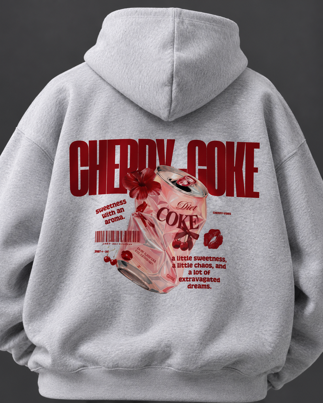 Cherry Vibes grey oversized hoodie — back detail on charcoal studio background
