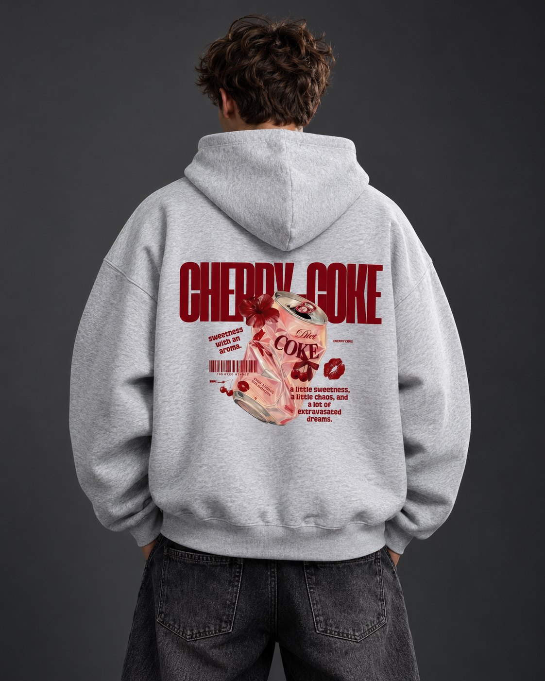 Cherry Vibes grey oversized hoodie — model back on charcoal studio background