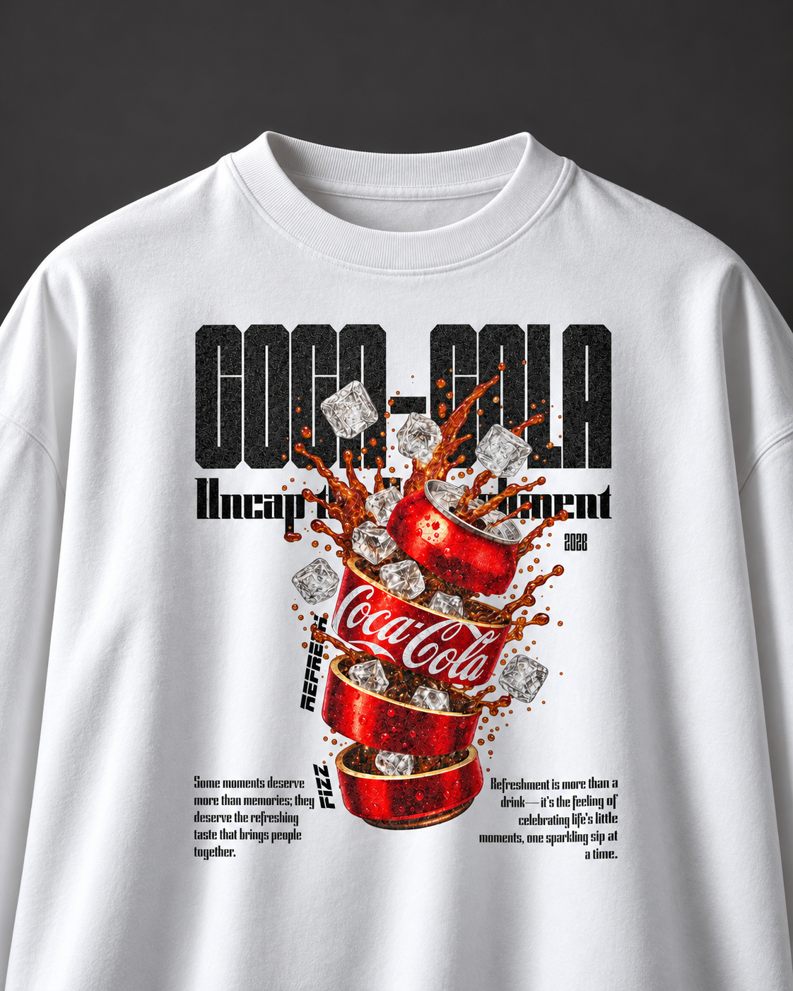Cola Boxy Tee — White, chest on charcoal studio background