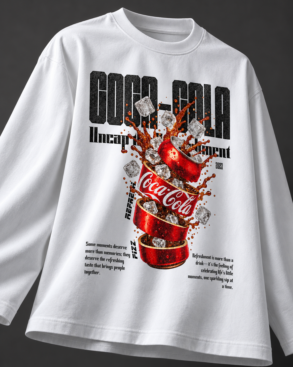 Cola Boxy Tee — White, detail on charcoal studio background