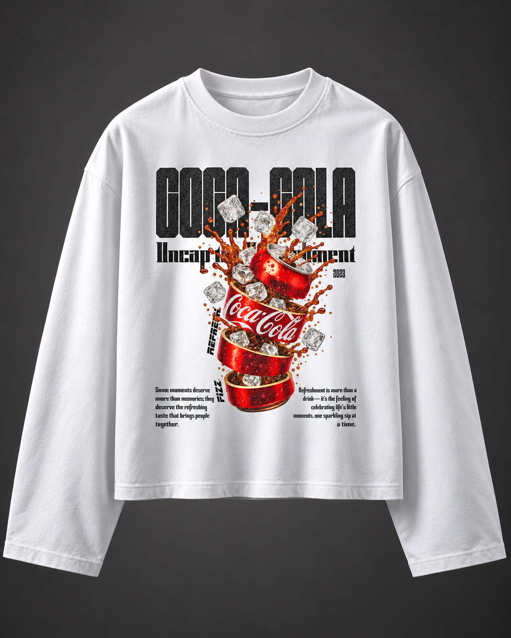 Cola Boxy Tee — White, front on charcoal studio background