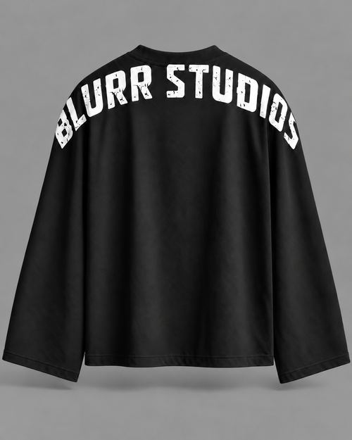 BLURR STUDIOS Black Full Sleeve Boxy Fit T-Shirt — tonal studio backdrop