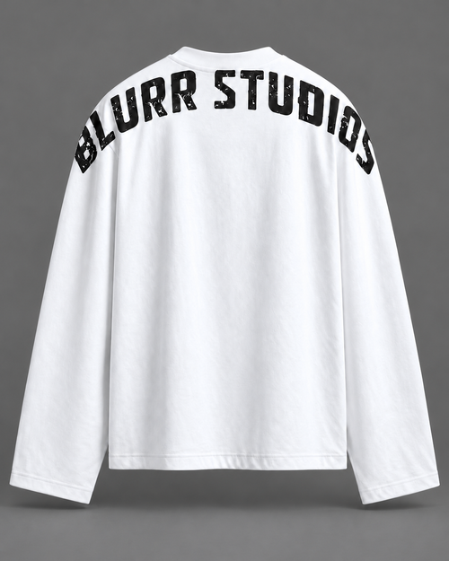BLURR STUDIOS White Full Sleeve Boxy Fit T-Shirt — tonal studio backdrop