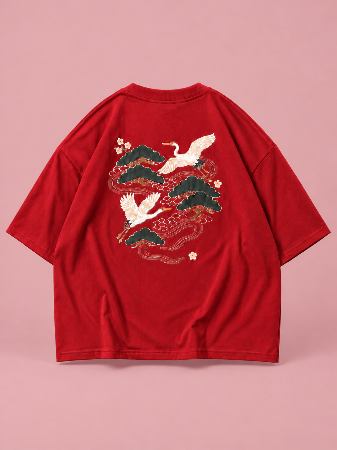 Crane Dynasty Red Oversized Graphic T-Shirt — tonal studio backdrop