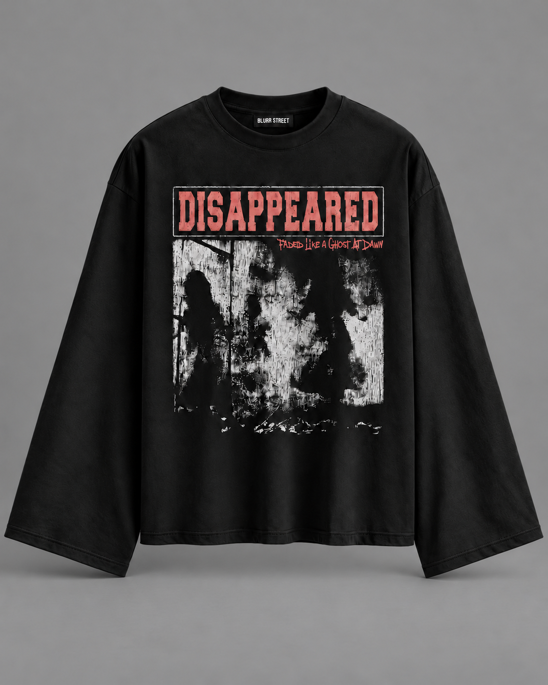 Disappeared Black Full Sleeve Boxy Fit T-Shirt — tonal studio backdrop