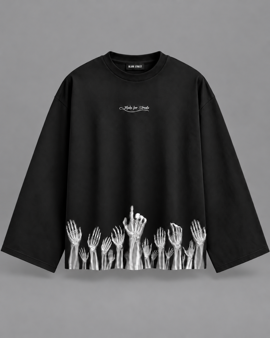 Made for Streets Black Full Sleeve Boxy Fit T-Shirt — tonal studio backdrop