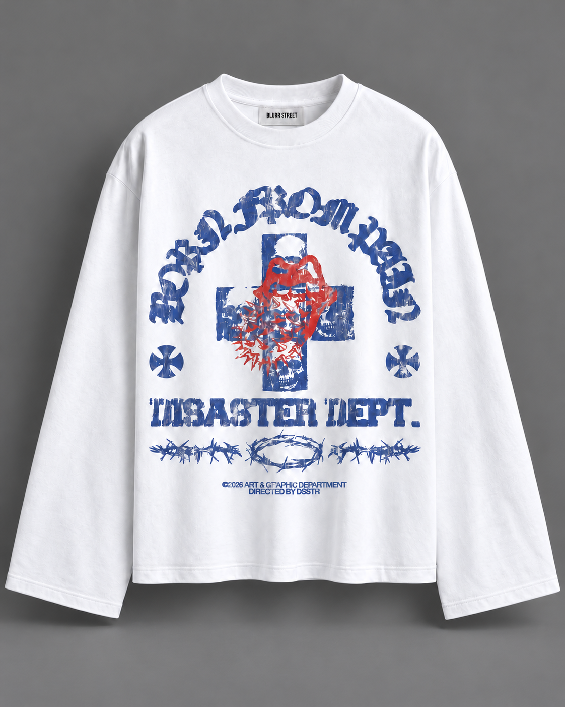 White Blue & Red Graphic Full Sleeve Boxy Fit T-Shirt — tonal studio backdrop