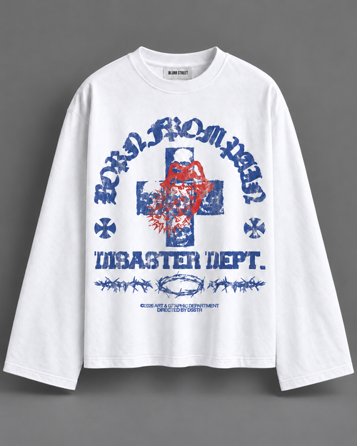 White Blue & Red Graphic Full Sleeve Boxy Fit T-Shirt — tonal studio backdrop