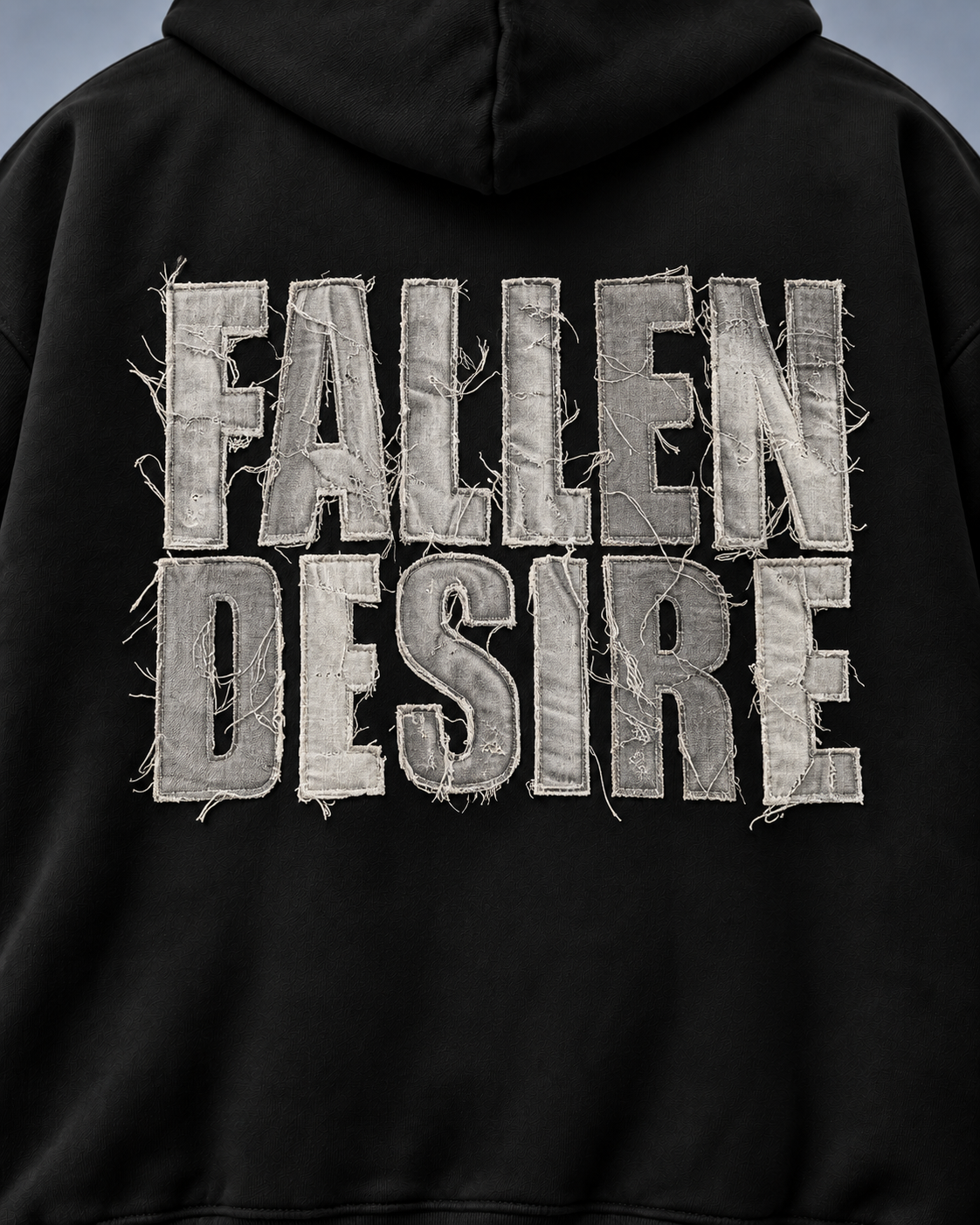 Fallen Desire black hoodie — back detail on light grey studio background