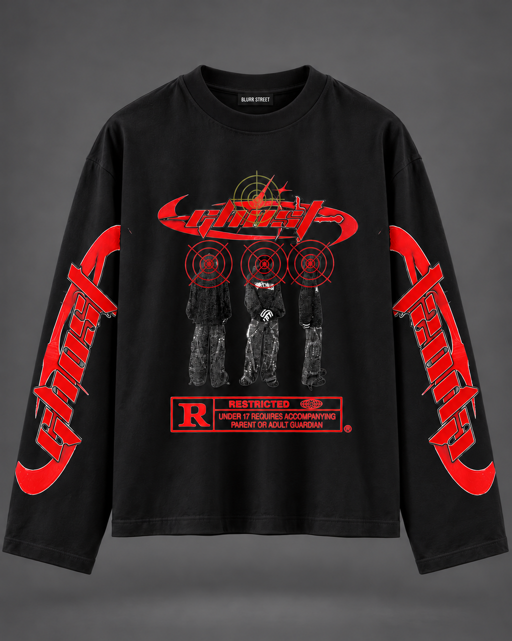 Ghost Boxy Tee — Black, front with BLURR STREET neck label