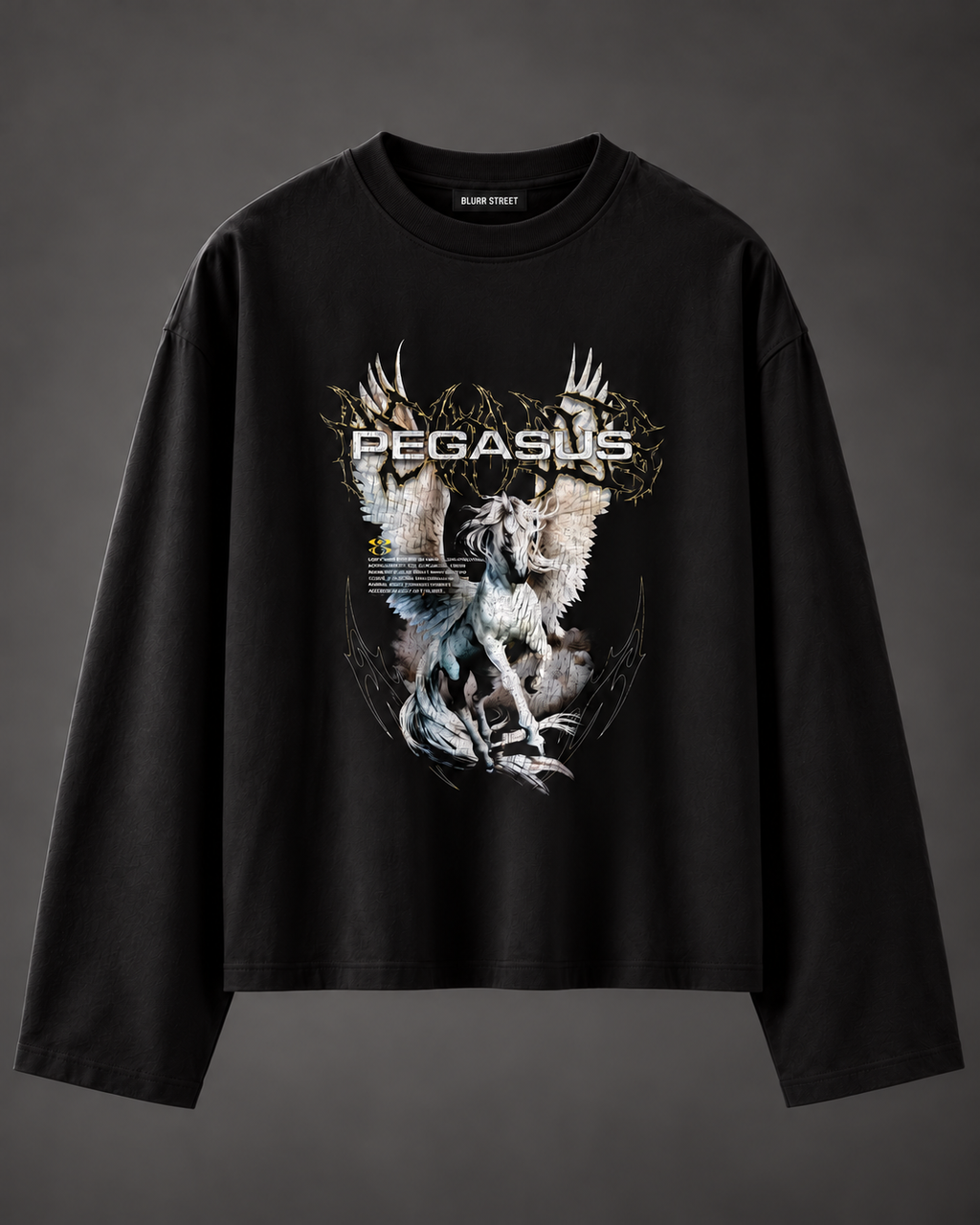 Pegasus Boxy Tee — Black — BLURR STREET label (p46)