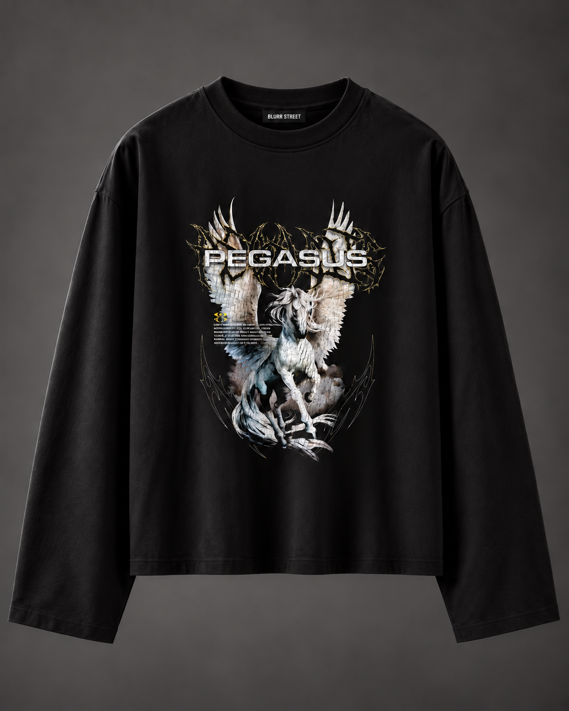 Pegasus Boxy Tee — Black — BLURR STREET label (p46)