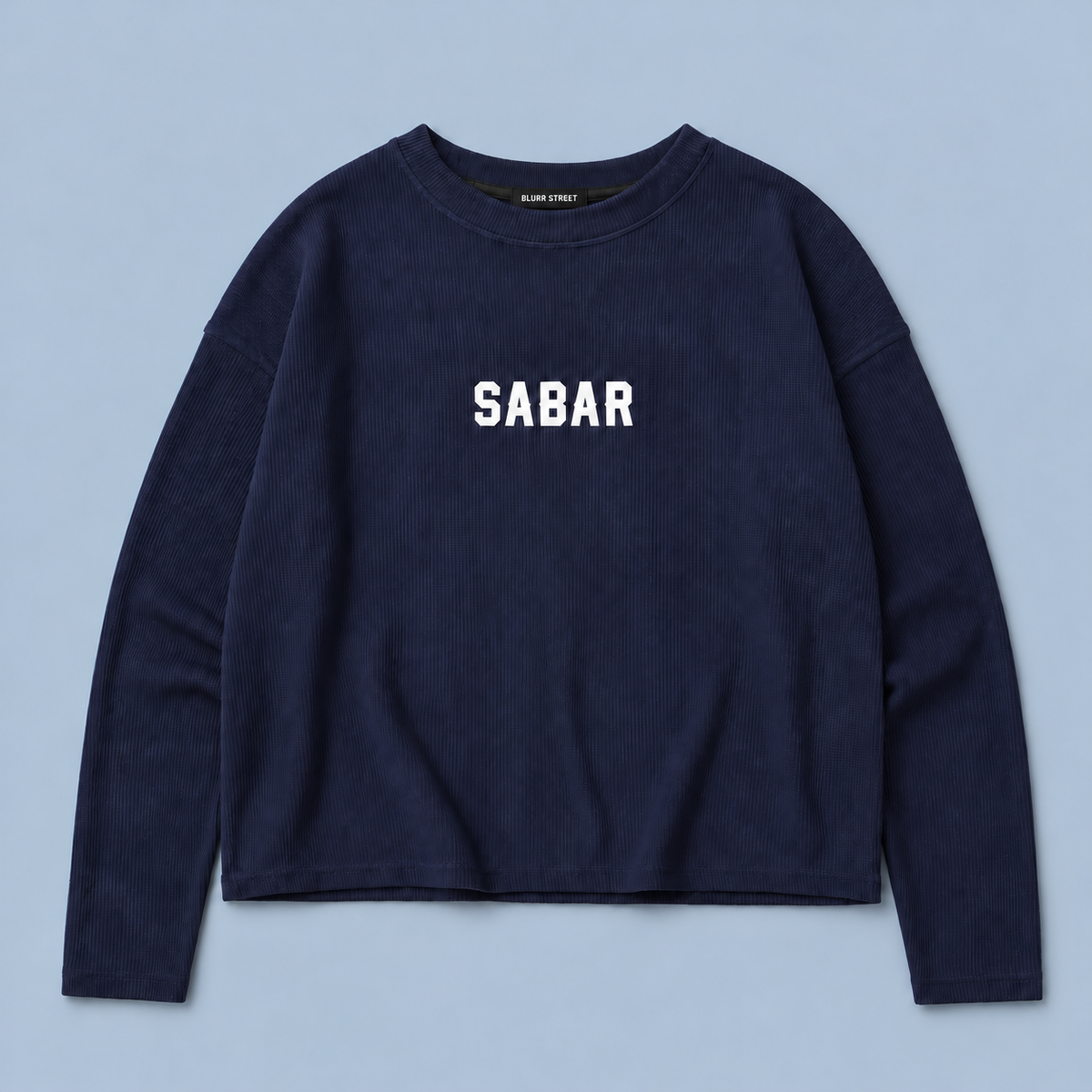 SABAR Cropped Waffle Tee — Navy — BLURR STREET label (p12)