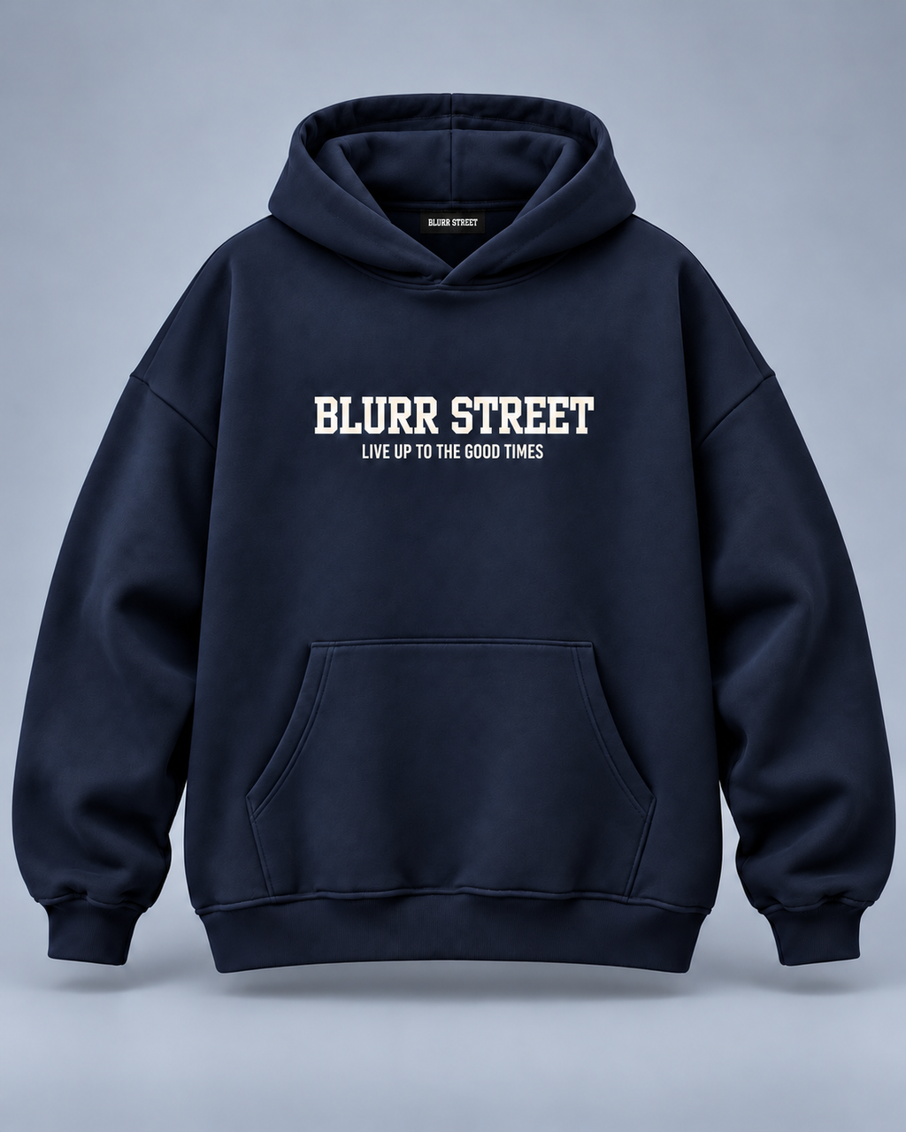 Street Soul Hoodie — Navy — BLURR STREET label (p39)