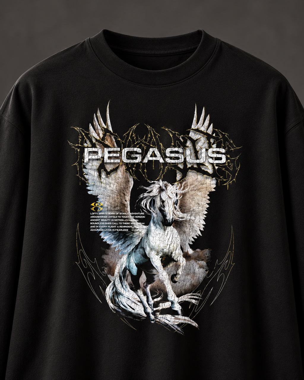 Pegasus Boxy Tee — Black, chest on charcoal studio background