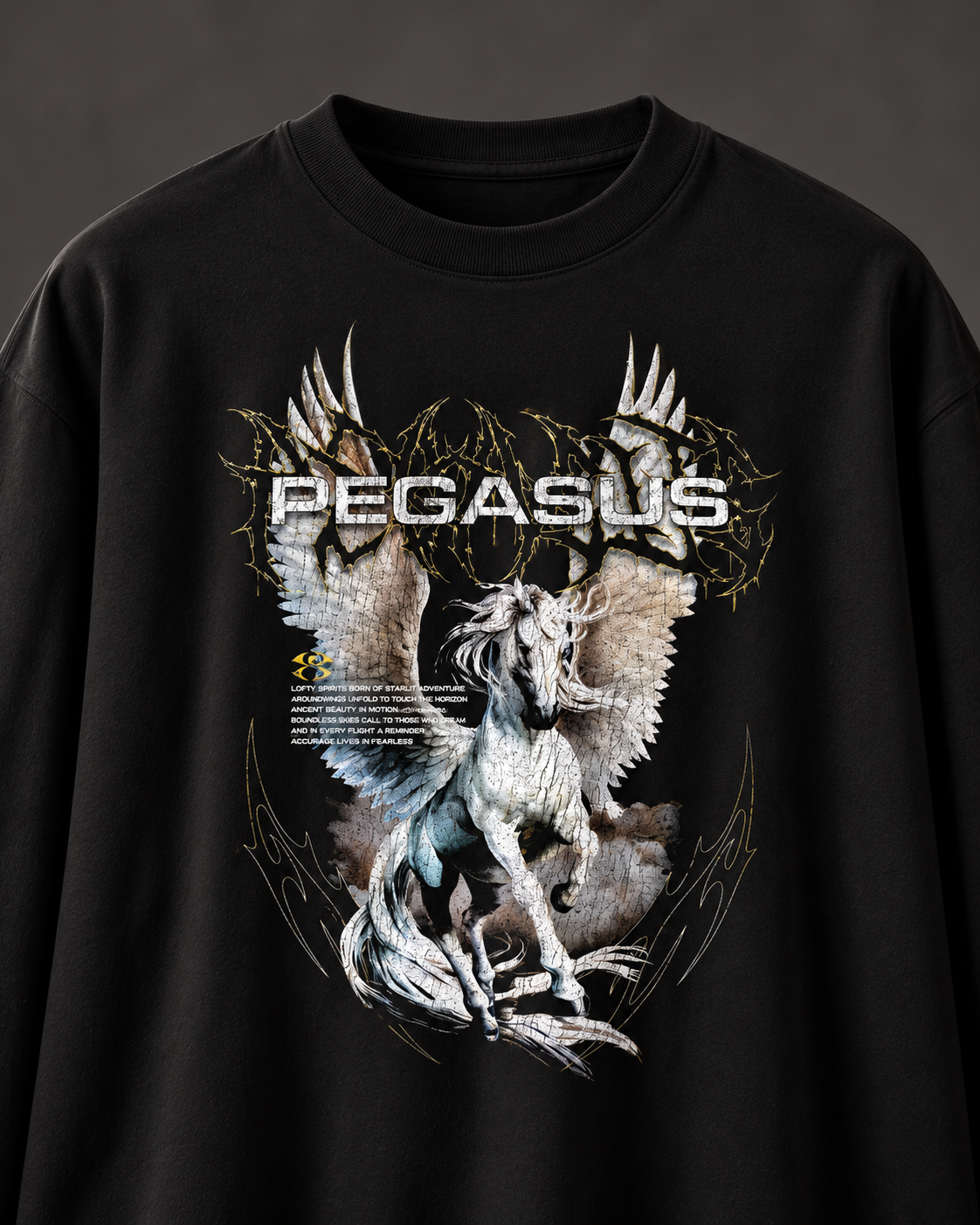 Pegasus Boxy Tee — Black, chest on charcoal studio background