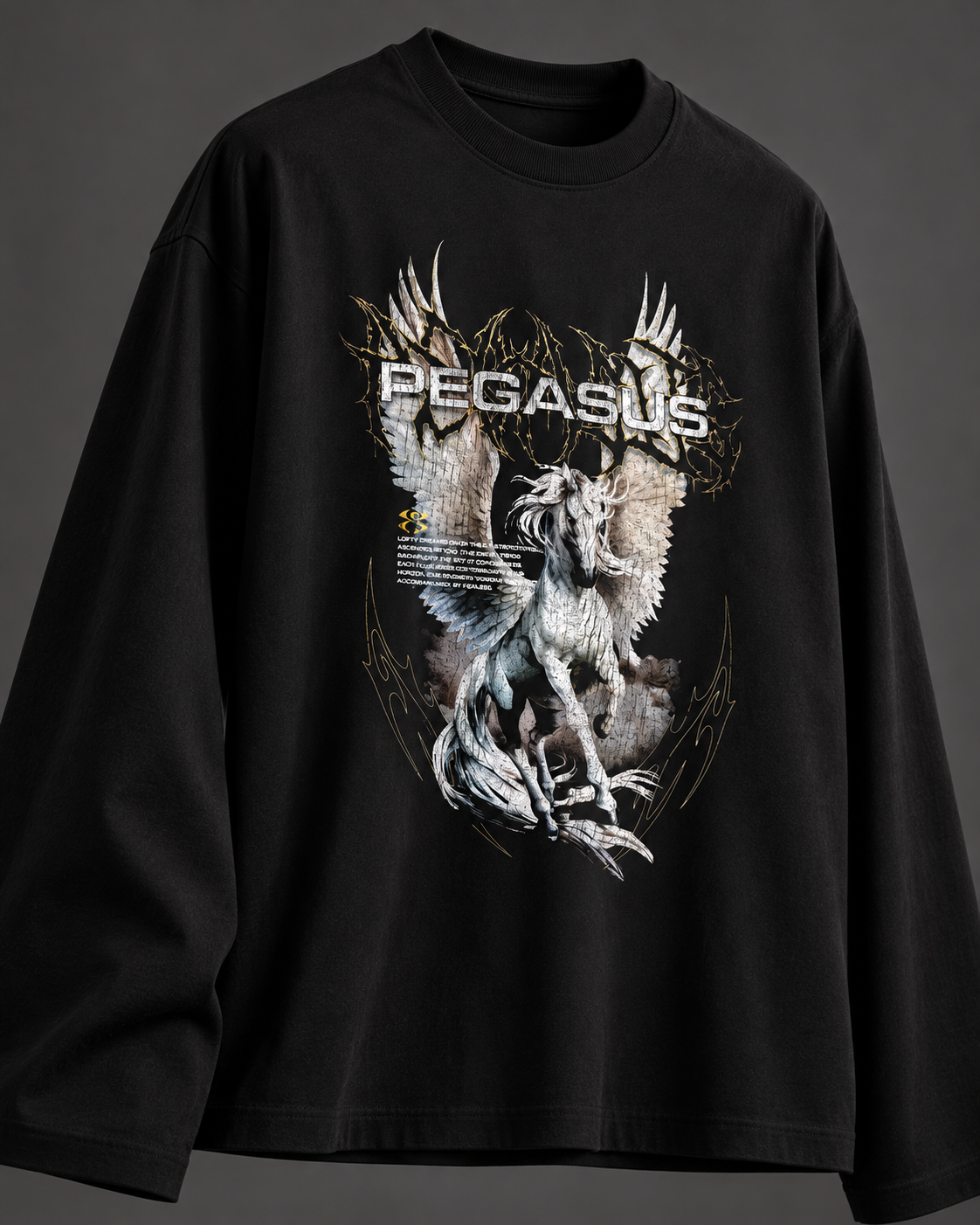 Pegasus Boxy Tee — Black, detail on charcoal studio background