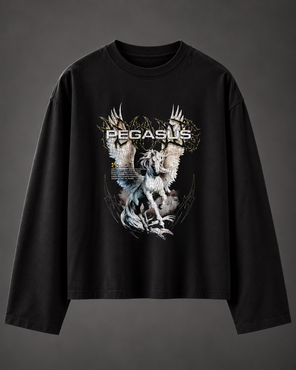 Pegasus Boxy Tee — Black, front on charcoal studio background