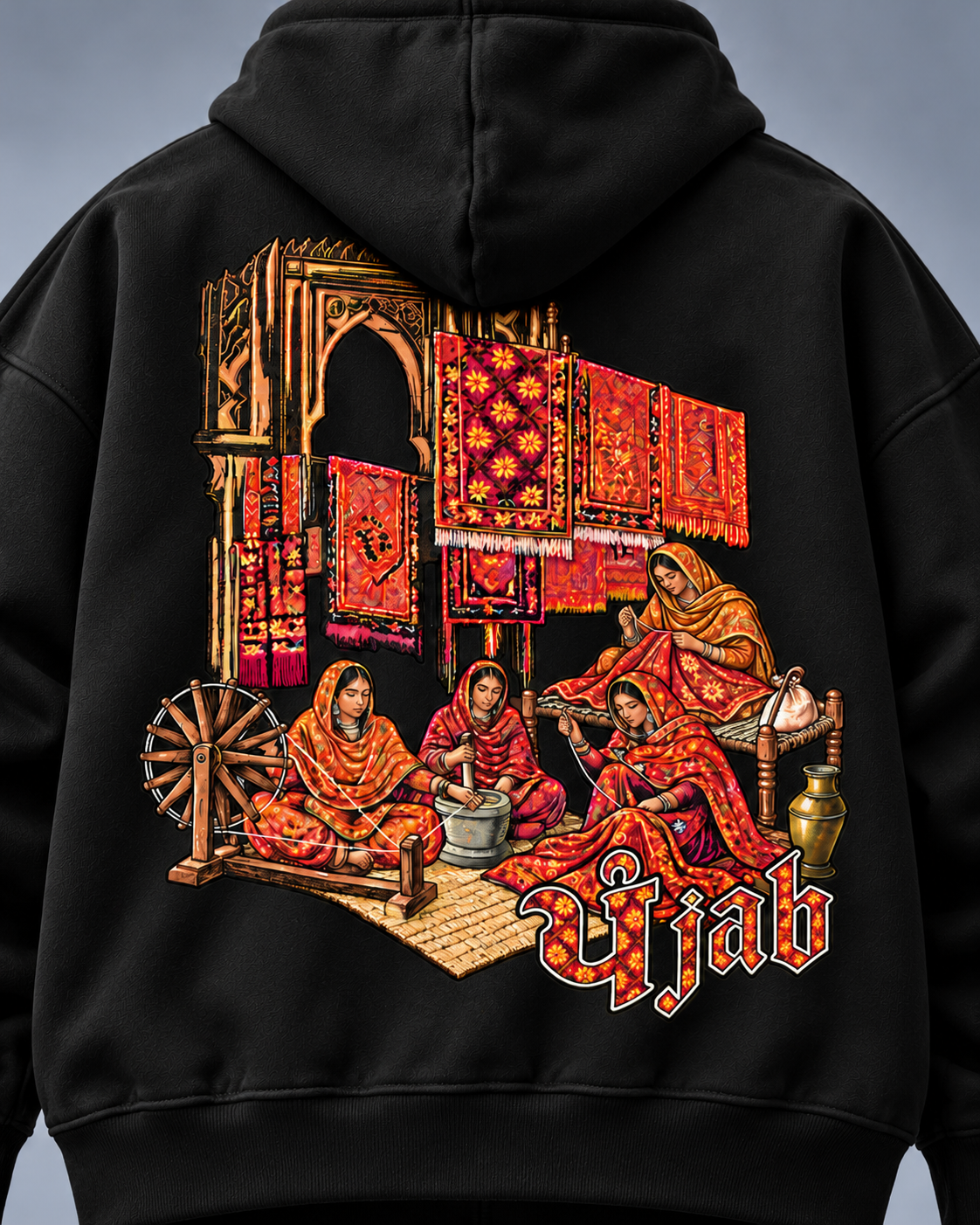 Punjaban black hoodie — back detail studio photo