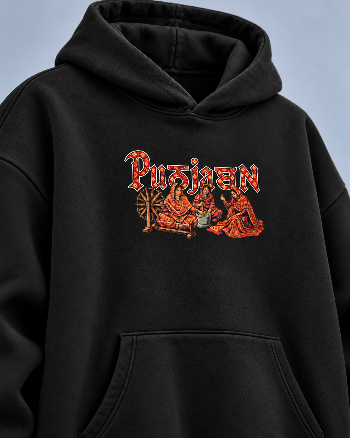 Punjaban black hoodie — front detail studio photo