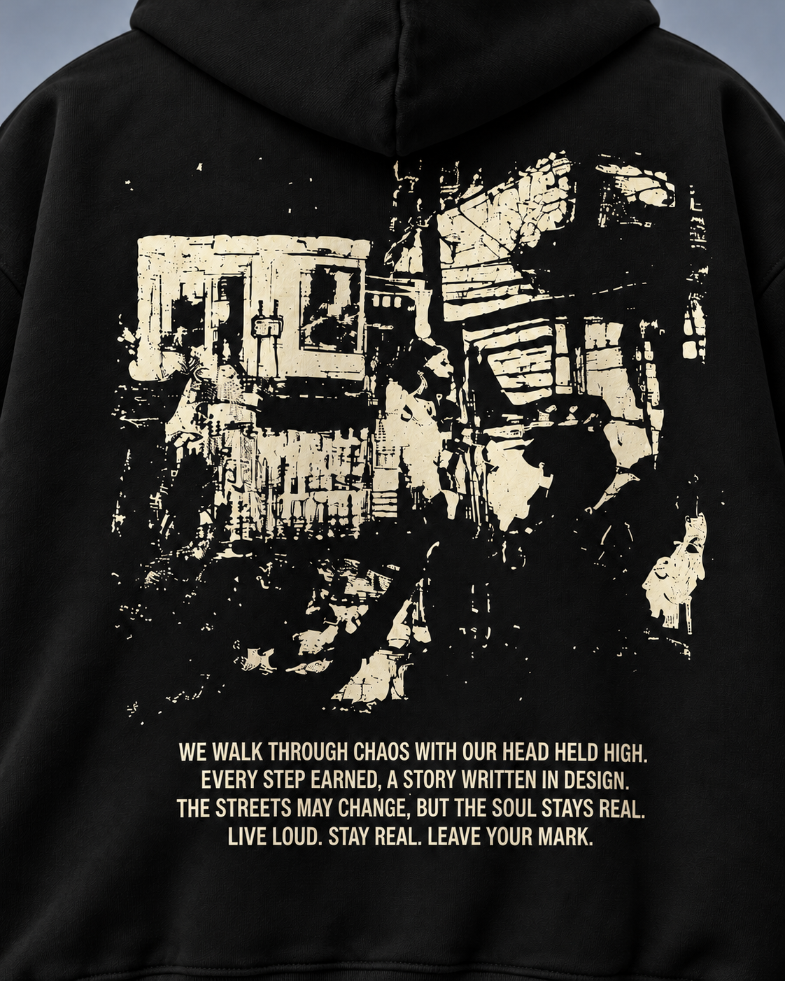 Street Soul black hoodie — back detail on light slate-grey studio background