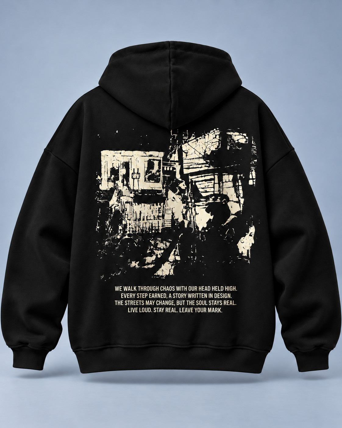Street Soul black hoodie — back on light slate-grey studio background