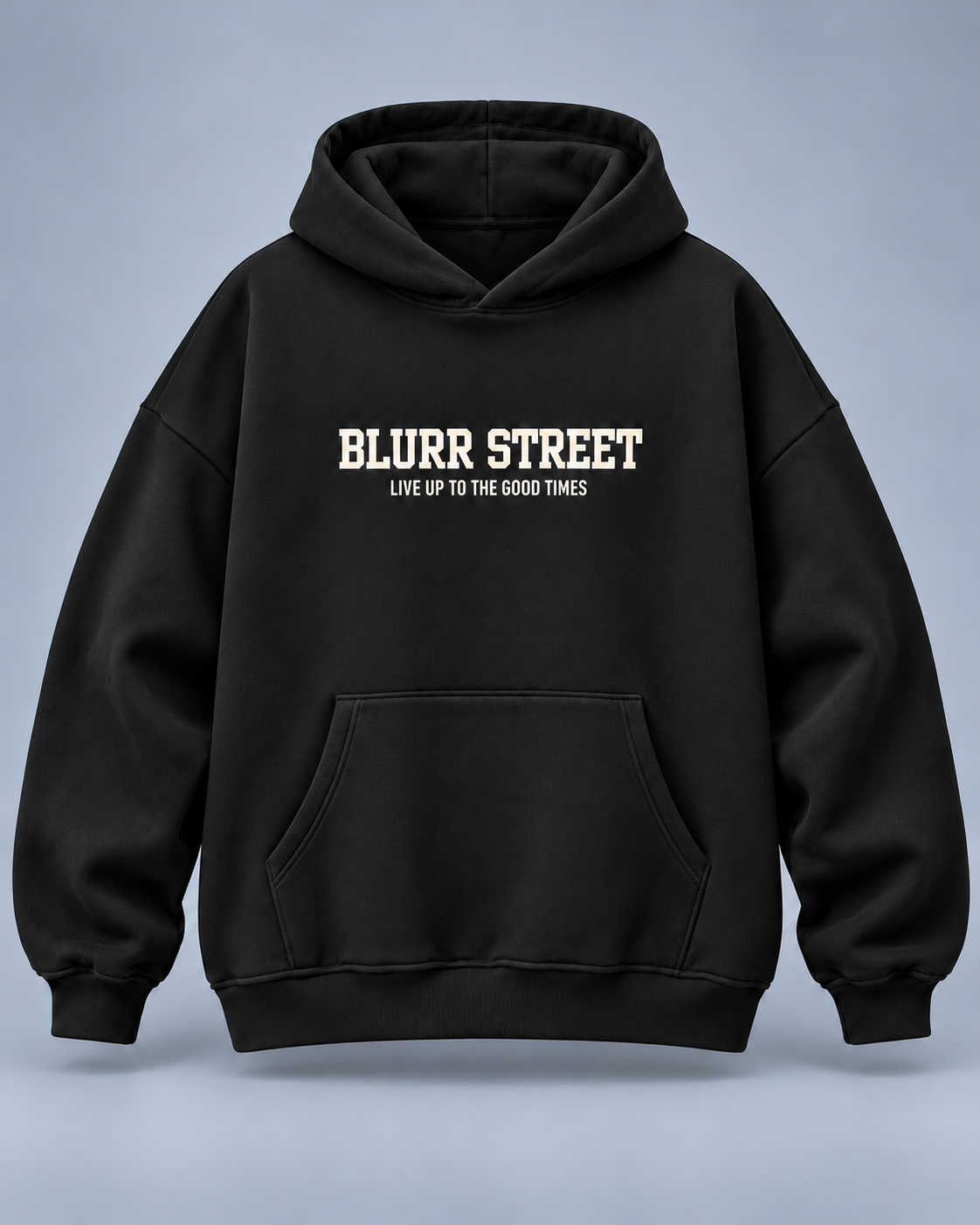 Street Soul black hoodie — front on light slate-grey studio background