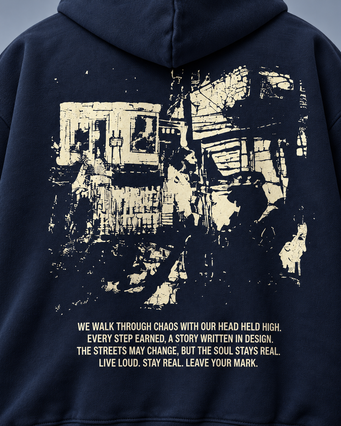 Street Soul navy hoodie — back detail on blue-grey studio background