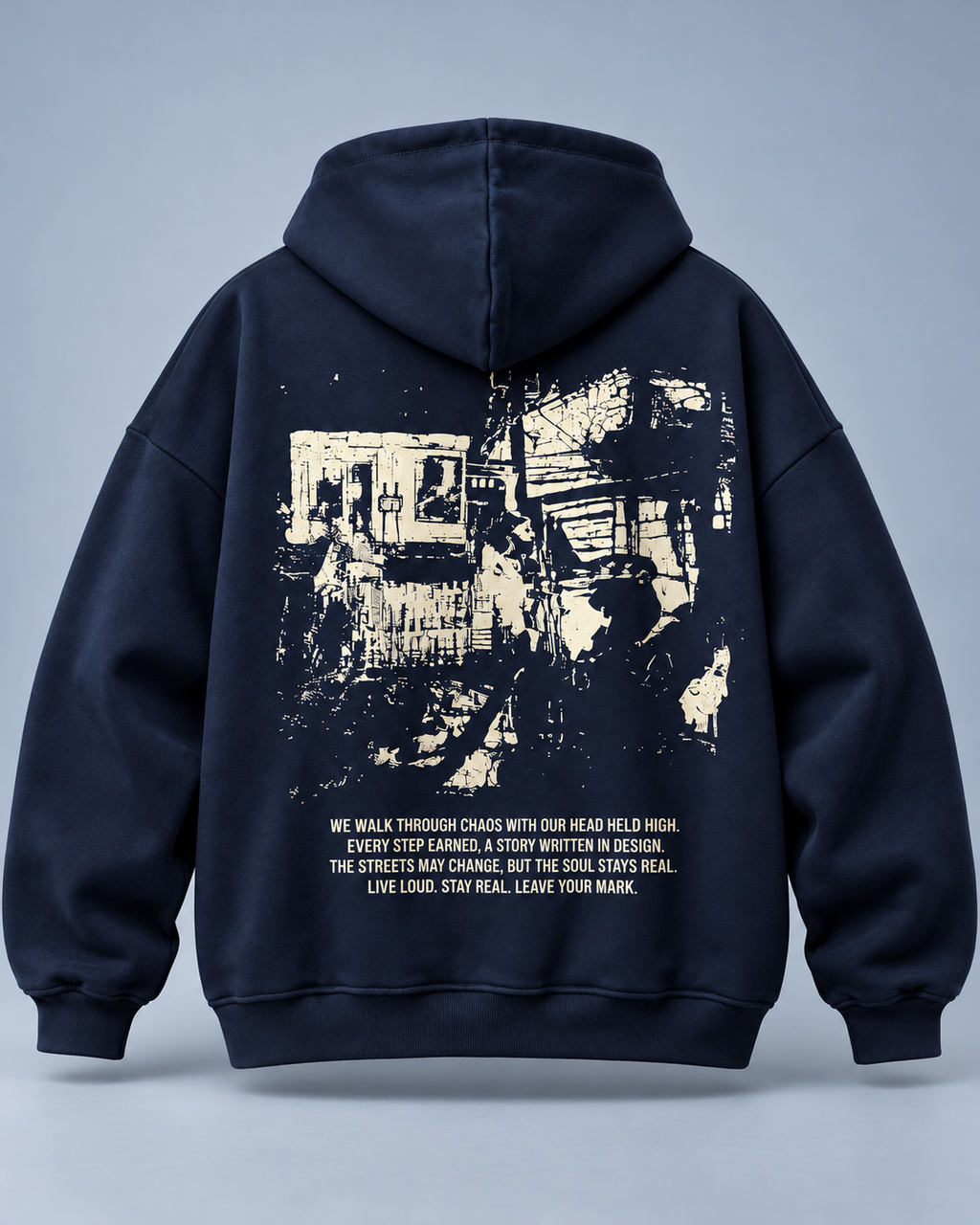 Street Soul navy hoodie — back on blue-grey studio background