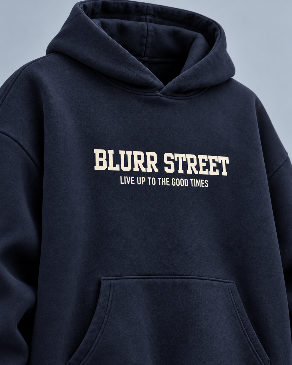 Street Soul navy hoodie — cream BLURR STREET chest print close-up